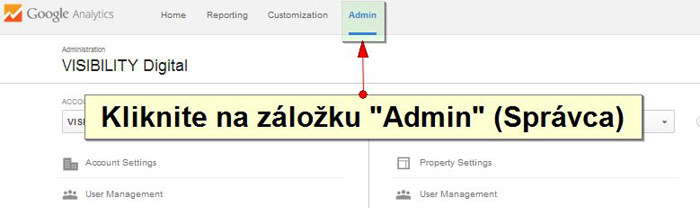 Kliknite na Admin - Prepojenie Google Analytics a Webmaster tools
