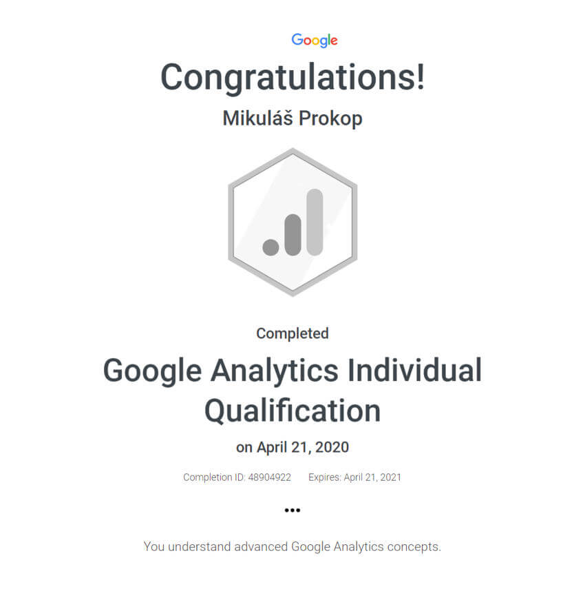 Certifikát Google Analytics Individual Qualification (GAIQ)