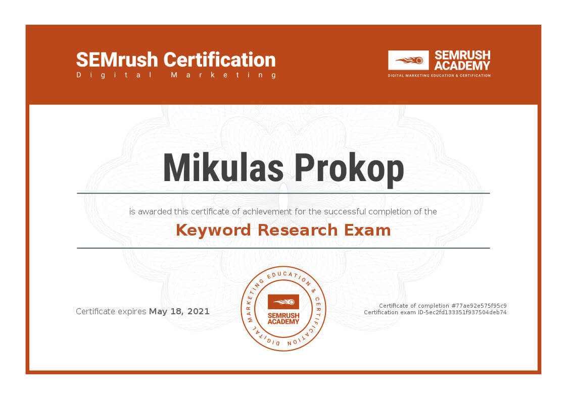 Certifikát Keyword Research Exam od SEMRush