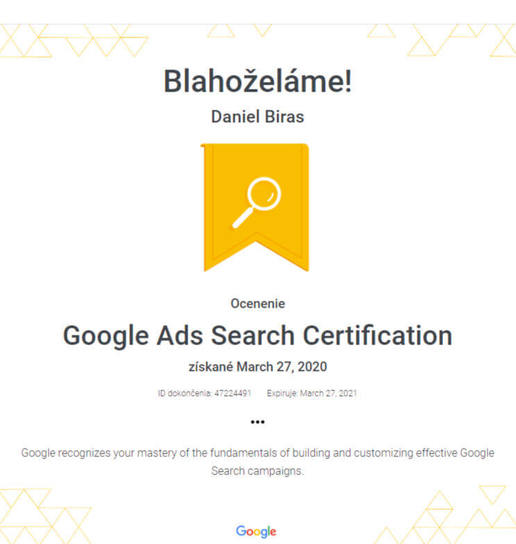 Certifikát z Google Ads Search