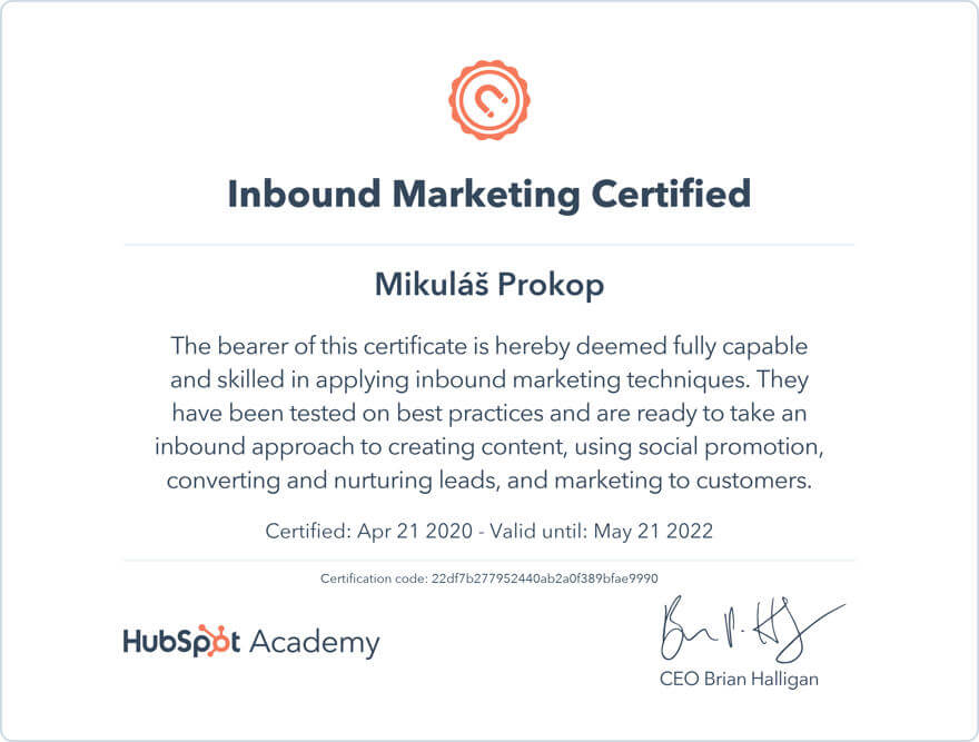 Certifikát z Inbound Marketingu od spoločnosti HubSpot