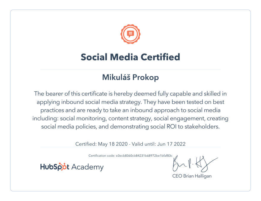 Certifikát zo sociálnych médií od spoločnosti HubSpot