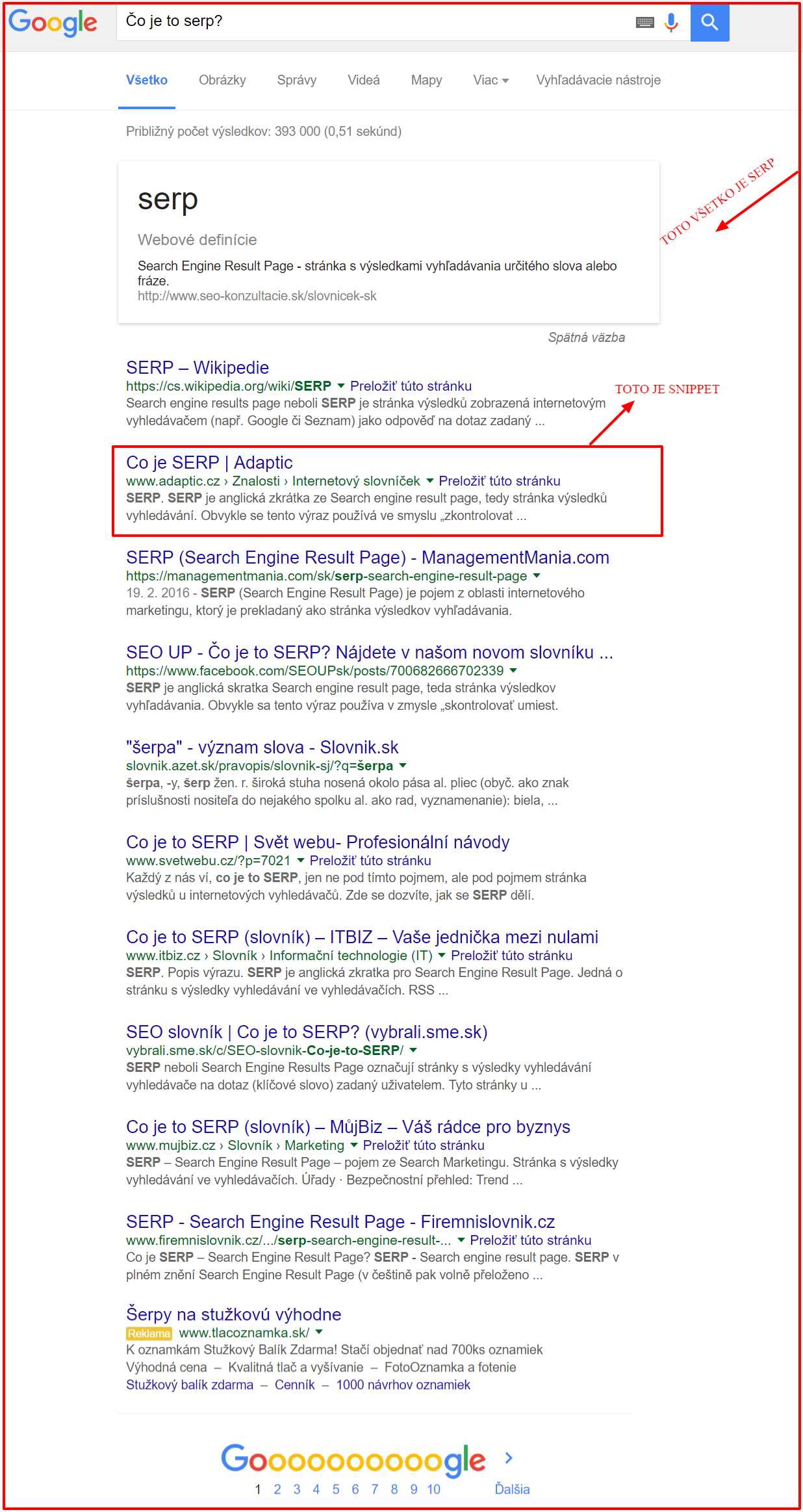 Ukážka SERPu a snippetu v Google výsledkoch vyhľadávania
