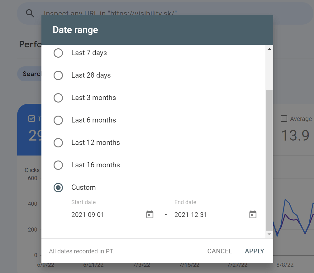 Nastavenie custom date range v nástroji Search Console