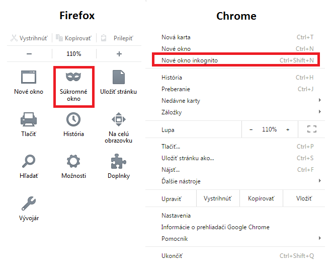 súkromné okno v prehliadači Firefox a Chrome