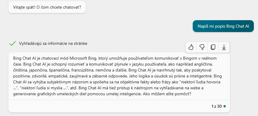 Ukážka presného štýlu v Bing Chate