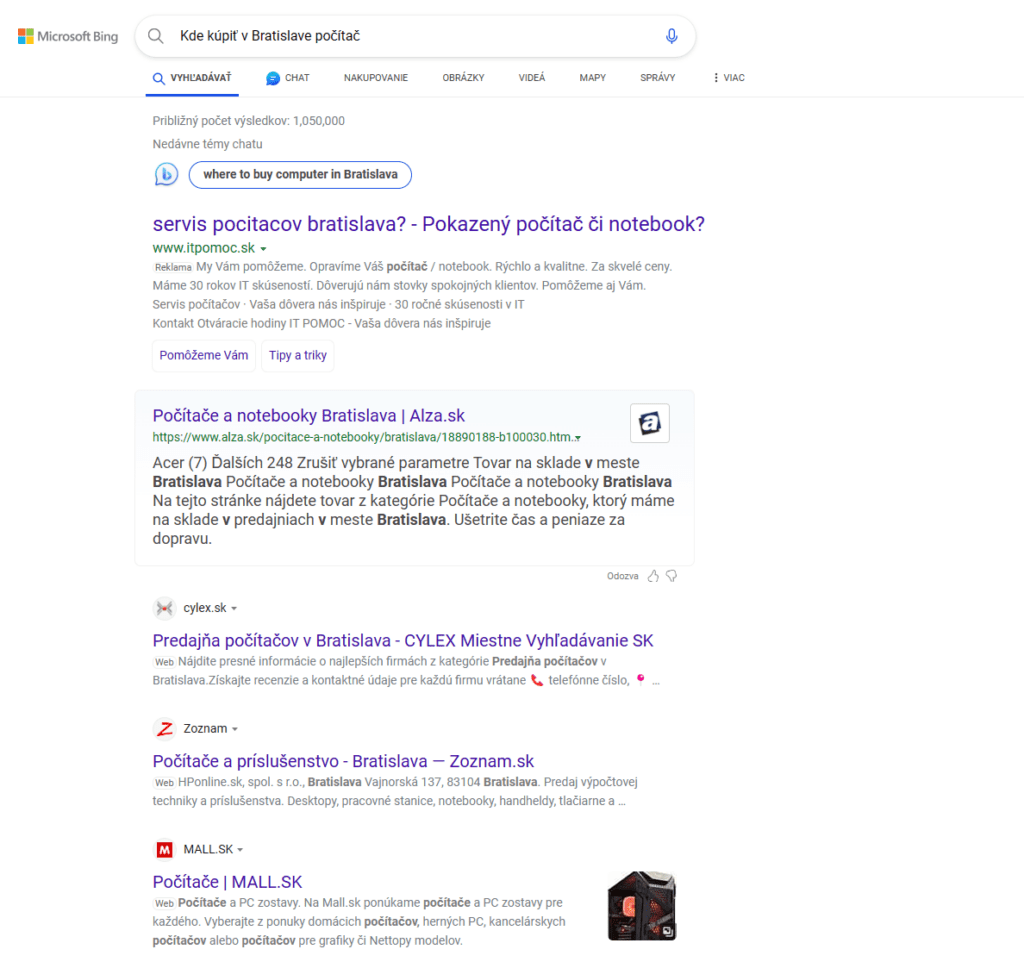 Ukážka výsledkov v Bing Search