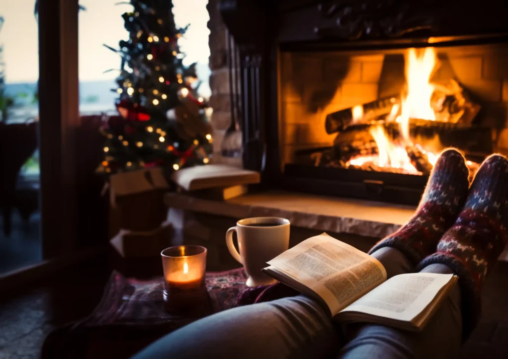 Osoba ležiaca na gauči pri krbe s knižkou, čajom, sviečkou a vianočným stromčekom v pozadí