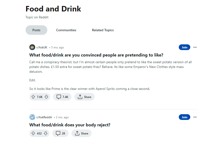 Reddit - otázky v sekcii Food And Drinks