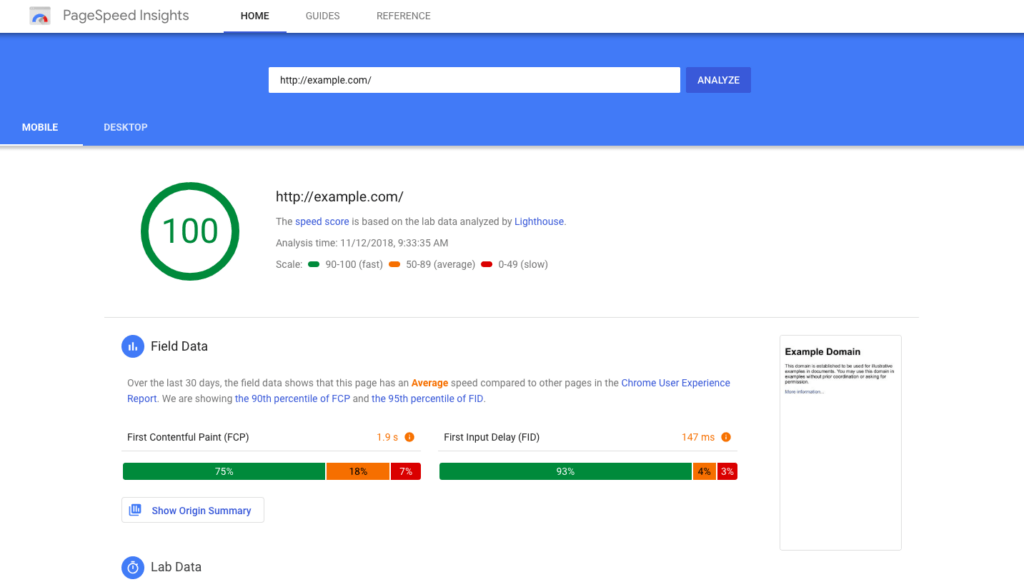 Rýchlosť načítania stránky z nástroja Google PageSpeed Insights