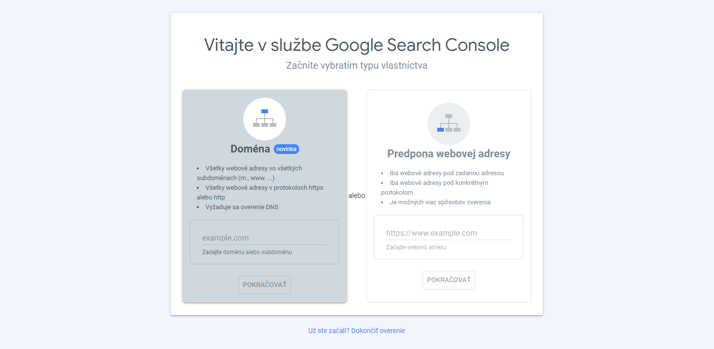 Výber typu vlastníctva v Search Console