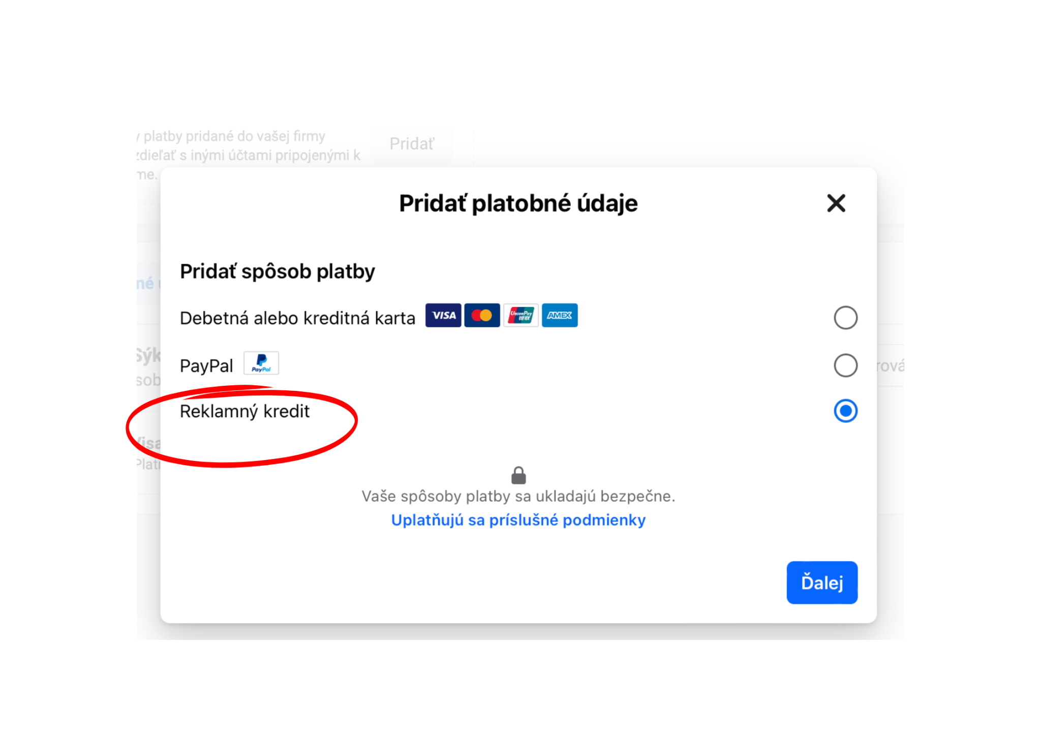 Pridajte si predplatené prostriedky na svoj reklamný účet v nastaveniach platieb na facebook.com