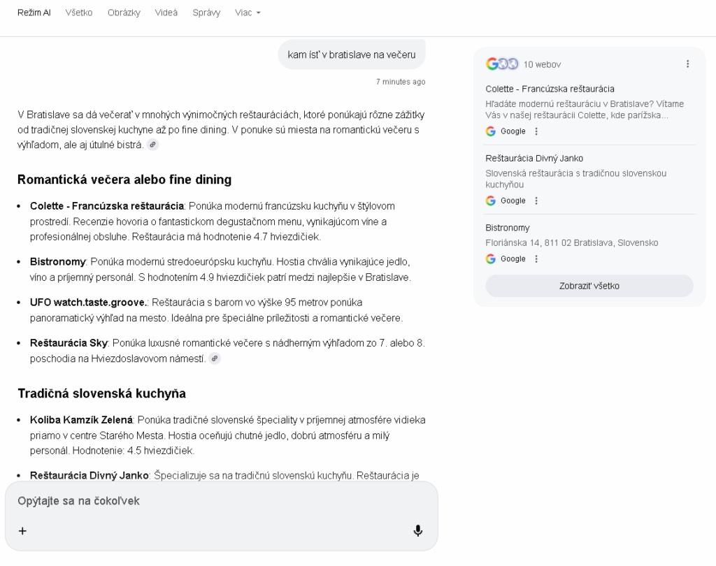 Ukážka Google AI Mode