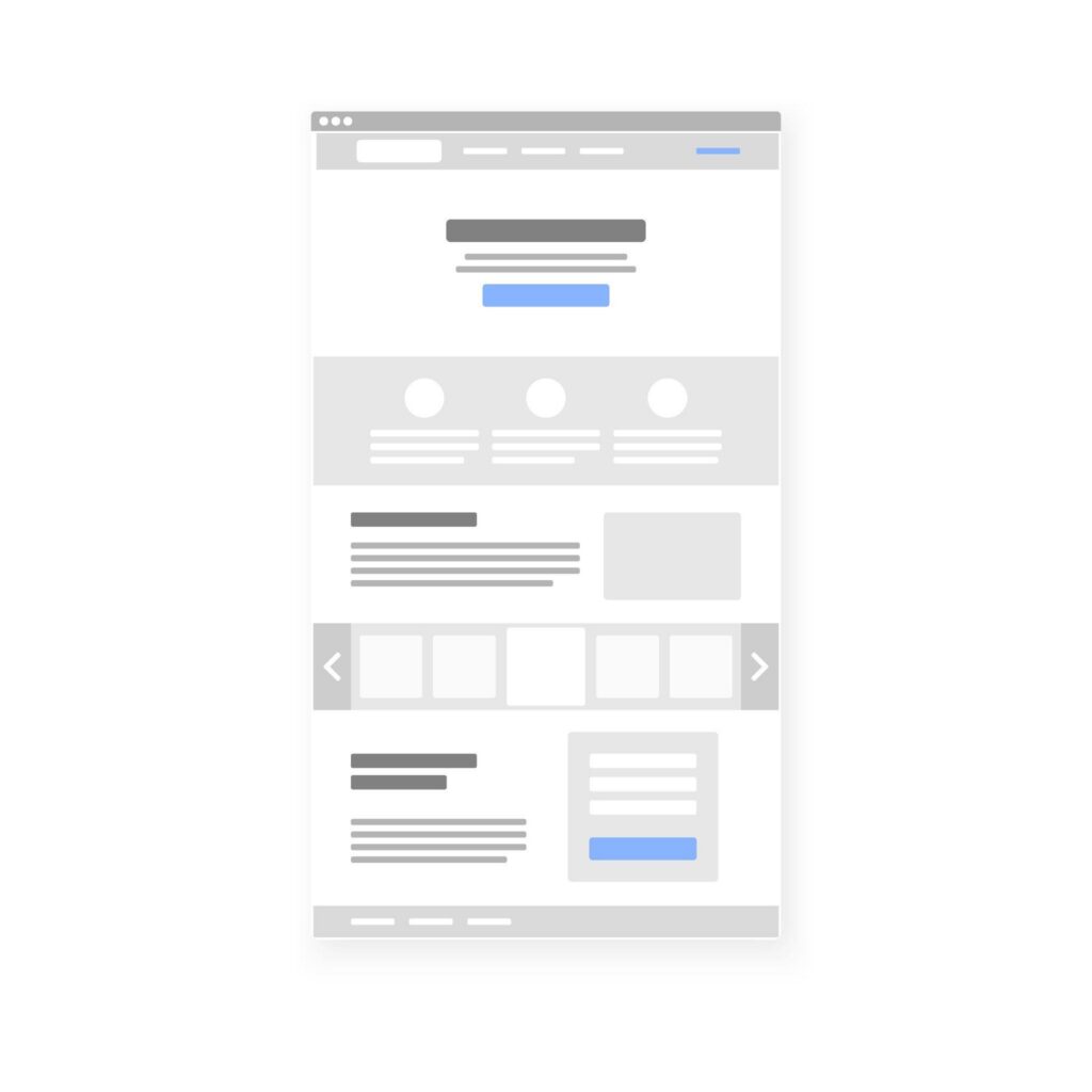 Wireframe webovej stránky s rozložením hlavných prvkov používateľského rozhrania