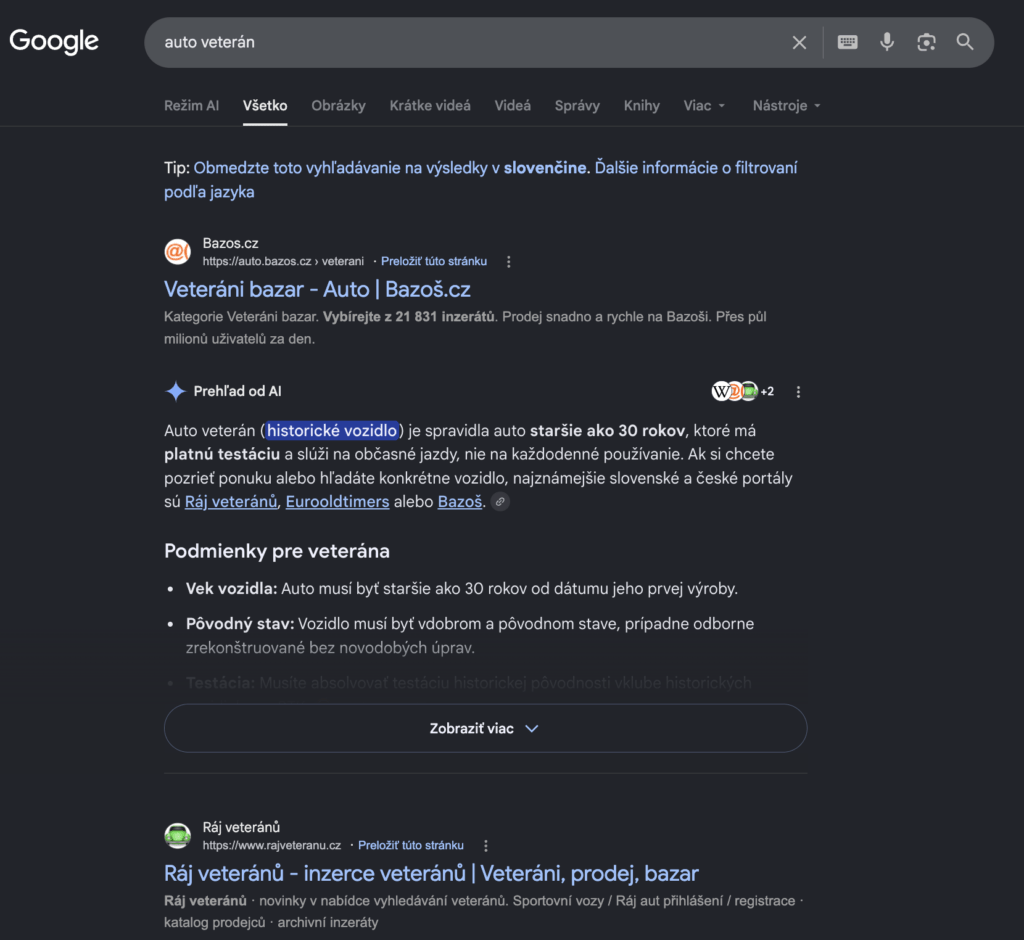 Pre dopyt auto veterán Google umiestnil na úplný vrchol stránky klasický organický výsledok